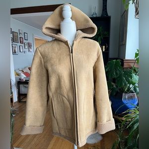 Jones New York Beige Hooded Faux Suede Coat, Faux Sherpa lining